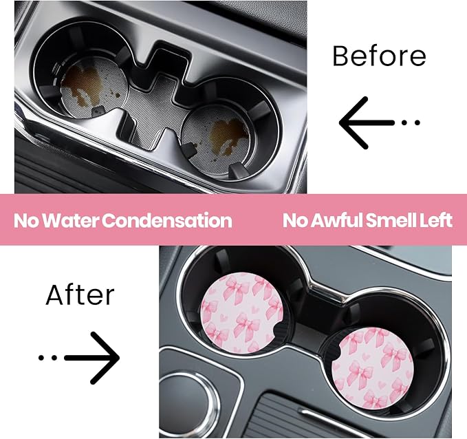 2 Pack Bow Car Coasters for Women Car Cup Holder Coasters, 2.63 Inch Anti Slip Ceramic Absorbent Coaster with Cork Base and Finger Notch, Cute Car Accessories Interior