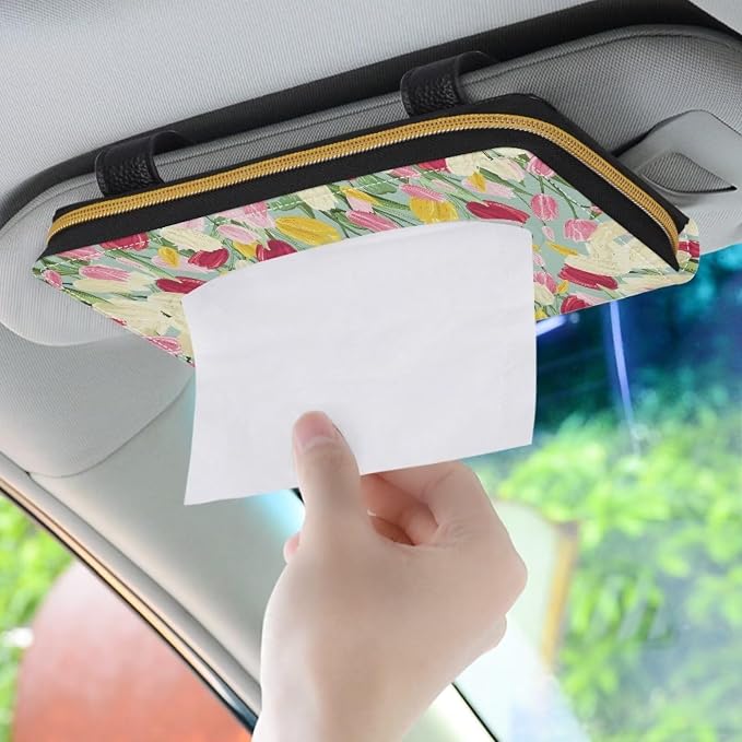 Tulips Visor Tissue Holder for Car Sun Visor Napkin Holder Car Visor Accessories PU Leather Visor Tissue Holder Universal Fit