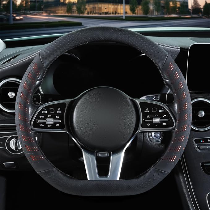 3D Soft 15 inch Leather D Shape Steering Wheel Cover Black Orange | Breathable Anti-Slip Premium Skin-Feel Perforated Thin Nappa Leather, Universal 14.5 inch to 15 inch