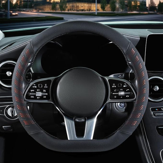 3D Soft 15 inch Leather D Shape Steering Wheel Cover Black Orange | Breathable Anti-Slip Premium Skin-Feel Perforated Thin Nappa Leather, Universal 14.5 inch to 15 inch