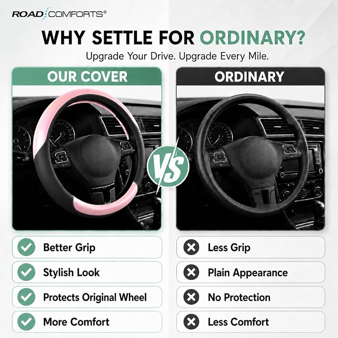 Road Comforts Steering Wheel Cover – Breathable Leather Steering Wheel Cover, Anti-Slip Grip, Universal Fit 14.5” to 15”, Heat & Cold Resistant for Cars, SUVs, and Trucks – Black & Shining Pink