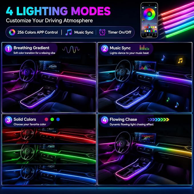 Acrylic Interior Car Ambient Lighting Kits, LED Strip Lights with Wireless APP, Neon Fiber Optic Lights Function LED Strip for Car with Music Modes (6 in 1)