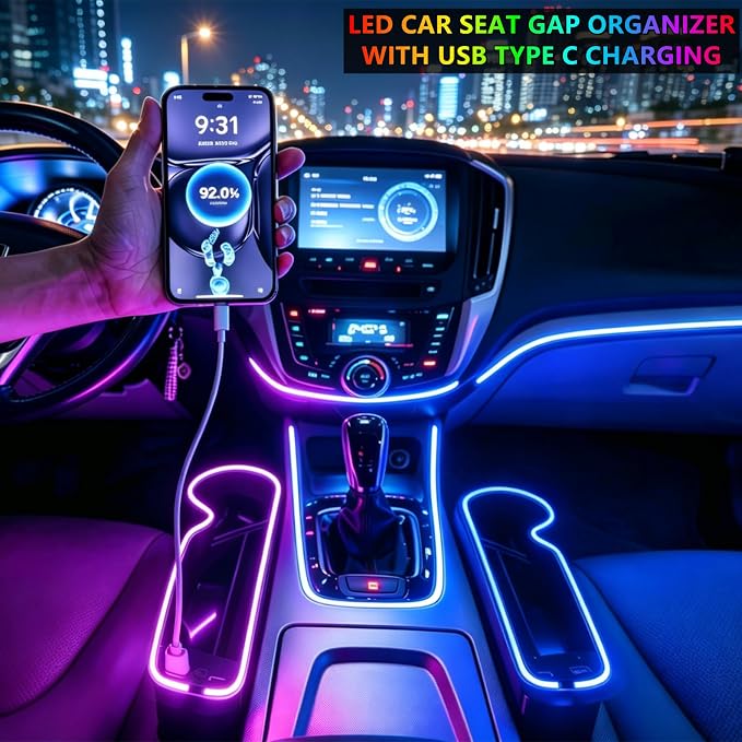 7 Color Led Car Seat Gap Organizer with 56W Type C USB Charging | Multifunctional Front Seat Organizer with Cup Holder Console Organizer Seat Gap Filler with Vibe Lamp for Andriod iPhone Grey