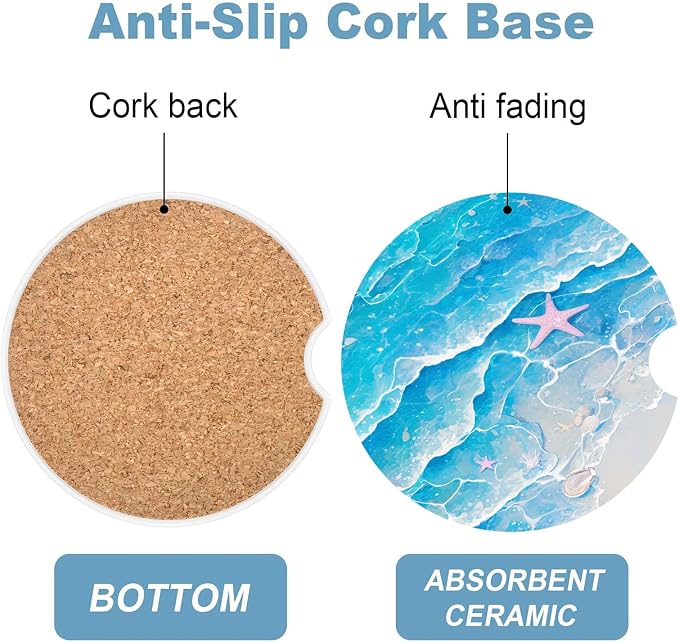 Car Cup Holder Coaster Set of 2, 2.56 in Ceramic Coasters, Scratch-Resistant Cork Backing, Finger Groove Design for Easy Placement, Cute Car Accessories Interior for Women (Blue Starfish)