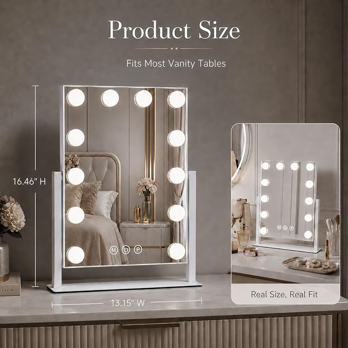 Vanity Mirror with Lights, Dimmable Desk Mirror, 12 Bulbs, 10X Magnifier | 16.4" H x 13.1" W makeup mirror, 3 colors, touch control, detachable 10X magnifier, 360 rotation, Gifts for Wife, Mom, Girls