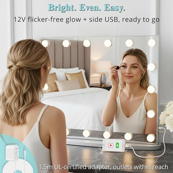 LUXFURNI Vanity Mirror with Lights, 23.6" Hollywood Makeup Mirror Silver | 18 Surround LED Bulbs, 360° Shadow-Free Lighting, 3 Color Modes, USB Charging, Tabletop & Wall Mount for Bedroom Dorm Desk