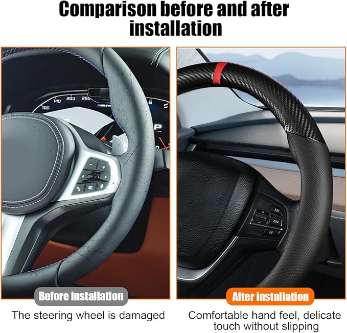 Carbon Fiber Car Steering Wheel Cover, Leather Breathable Automotive Wheel Protector, 15 Inch Anti-Slip Vehicle Interior Steering Accessories, Universal for SUV Truck Sedan (Black)