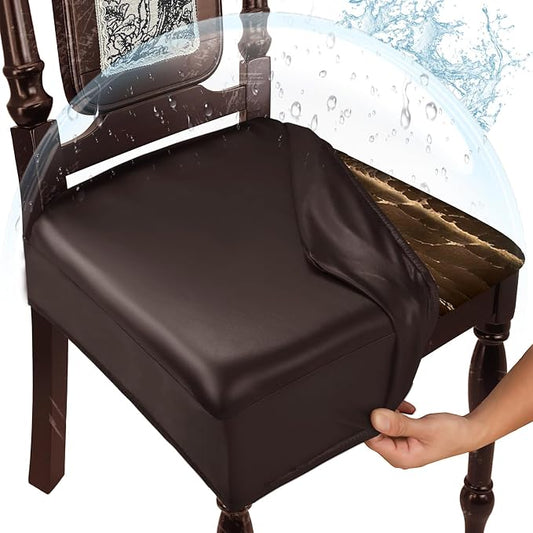 Waterproof Dining Chair Seat Covers Leather Kitchen Seat Covers, Stain Resistant Stretch Chair Seat Covers for Dining Room Chairs Set of 6, Rear Covered Washable Dining Chair Cover Dark Coffee
