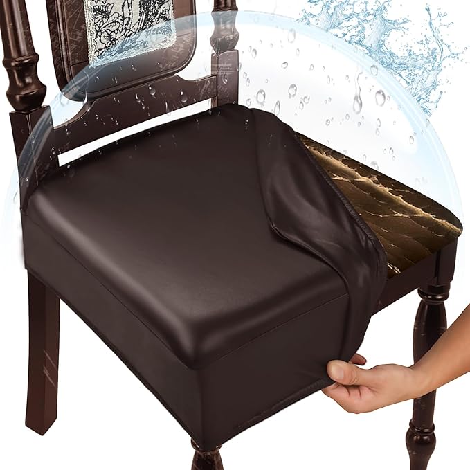 Waterproof Dining Chair Seat Covers Leather Kitchen Seat Covers, Stain Resistant Stretch Chair Seat Covers for Dining Room Chairs Set of 4, Rear Covered Washable Dining Chair Cover Dark Coffee