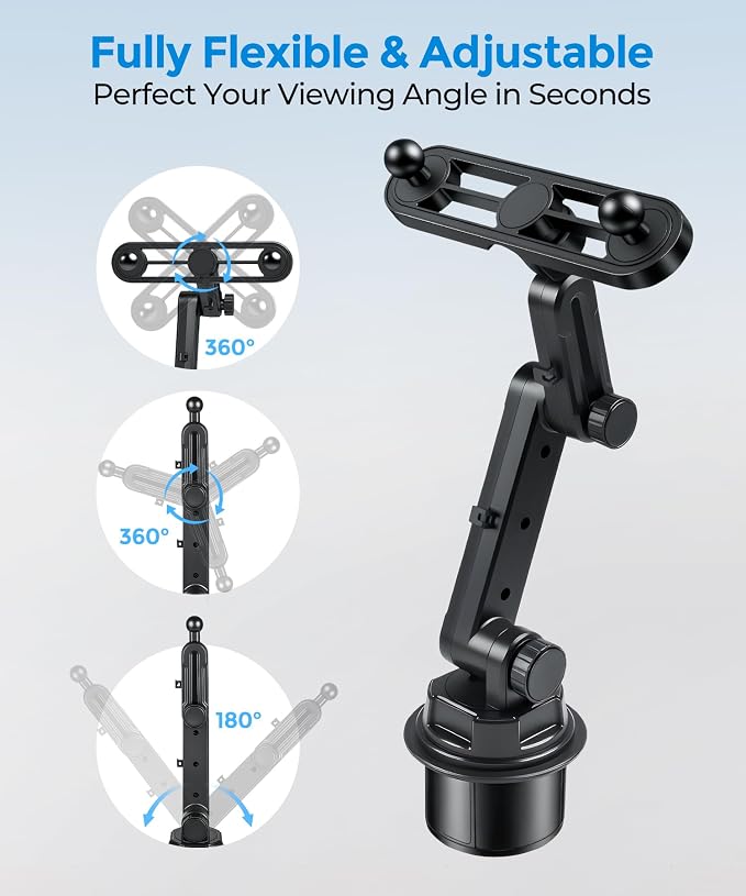 Dual Cup Holder Phone Mount for Car, Fits Two 4-7.2" Phones | Dual Cup Holder Phone Mount for Car, Holds 2 Phones, Adjustable Base 2.55"-3.66", 360° Long Arm, Fits 4-7.2" iPhone & Android