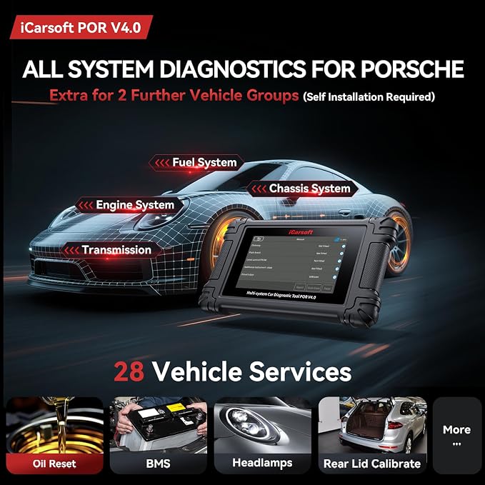 iCarsoft POR V4.0 Bidirectional Diagnostic Tool for Porsche + 2 Car Make Groups, OBD2 Scanner with Actuation Test, 28 Services Battery Registration,Support CAN-FD-Free Update