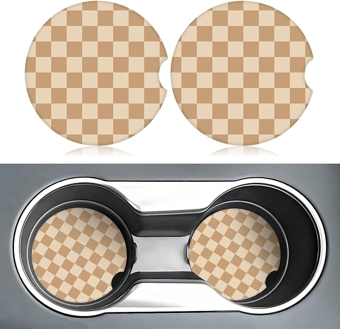 Brown and White Checkered Car Coasters for Cup Holders,2 Pack Car Cup Holder Coasters for Car,Ceramic Absorbent Car Coaster with A Finger Notch and Cork Base,Car Interior Accessories for Women Men