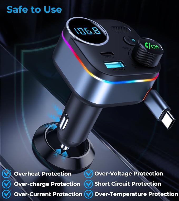 Bluetooth 5.4 FM Transmitter, 72W Car Charger with 45W Retractable USB-C PD | Built-in Cable, Hands-Free Calling, Deep Bass, LED Display, USB Drive Music Player for Cars Trucks
