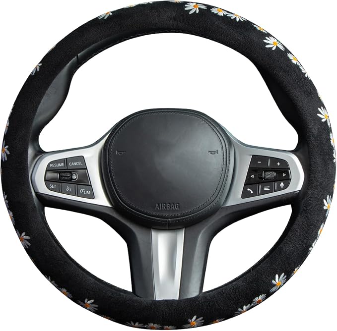 Embroidered Daisy Cute Black Steering Wheel Cover, Auto Anti-Slip Breathable Rubber Steering Wheel Protector, Floral Car Accessories for Women,Universal Size Fit Most Cars -15 inch
