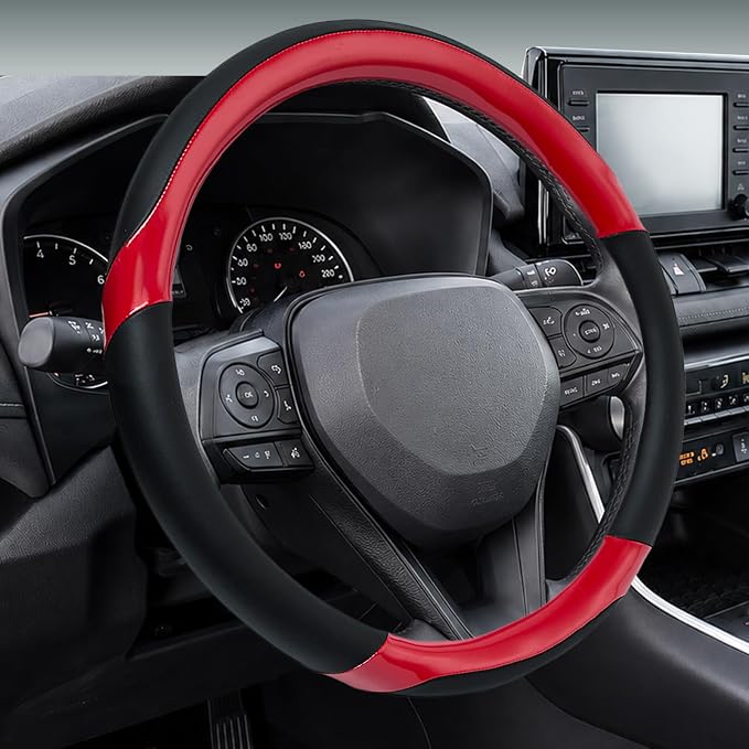 Yangday Leather Steering Wheel Cover for Toyota RAV4 Corolla Camry Highlander, 14.5-15 inches Car Steering Wheel Cover with Non-Slip Breathable (Bright Red)