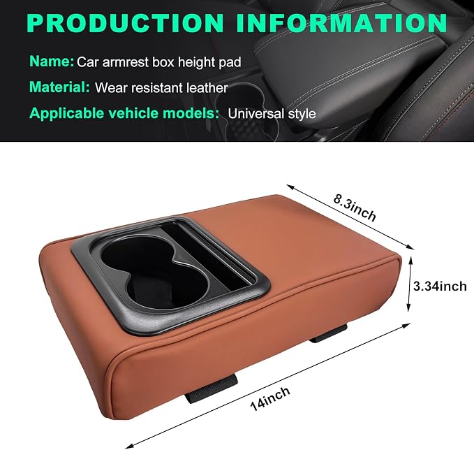 Car Center Console Armrest Pillow, Memory Foam Auto Armrest Box Cover with Cup Holder & Phone Holder, Waterproof Leather Arm Rest Protector Cushion, Interior Car Accessories (Brown)