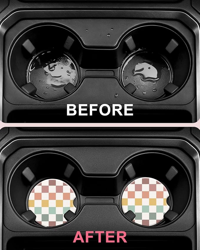 Swooflia Car Coasters for Women - Morandi-Tone Checkered Ceramic Car Cupholder Coaster Absorbent Mat Coaster with Cork Base 2 Pack 2.55 inch Automotive Cup Holder Accessories New Driver Gifts