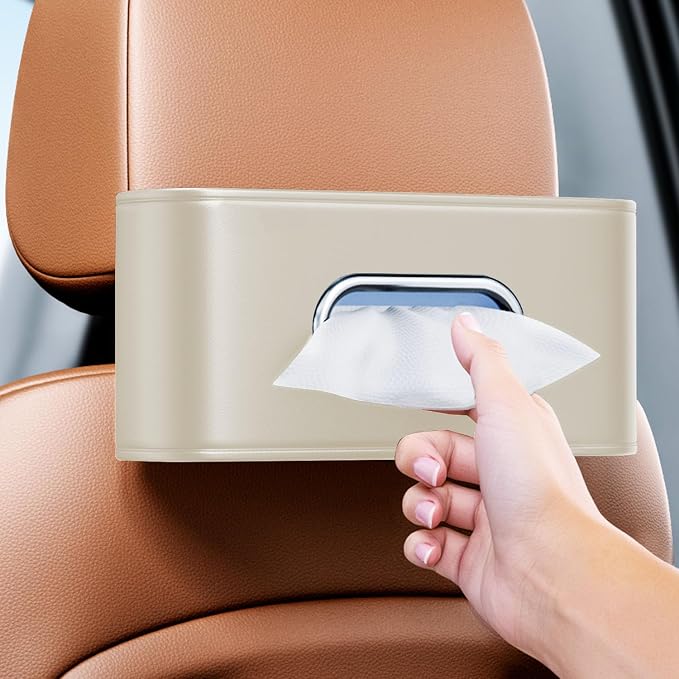 Car Tissue Holder, Car Kleenex Holder Backseat Fits 100-160 Count | Premium PU Leather,Keep Tidy,Universal,Large tissue box,Backseat Car Napkin Holder,Tissues Dispenser for Car,Beige