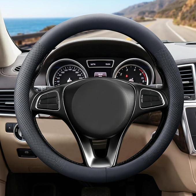 Premium Nappa Leather Steering Wheel Cover, Universal, Comfort Grip, Anti-Slip Breathable, Compatible with 14.5-15 in Steering Wheel Protector, Black