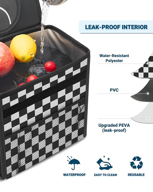 Capolo Car Trash Can with Lid, Leakproof Car Trash Bag Hanging Waterproof Automotive Garbage Can with Storage Pockets Mini Vehicle Trash Bin for Back/Front Seat(Black Square Grid,2.5 Gallon)