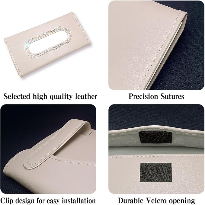 Bling Car Visor Tissue Holder, Diamond Mask Holder, PU Leather Tissue Box Holder, Wipes Case, Sun Visor Napkin Holder (White)