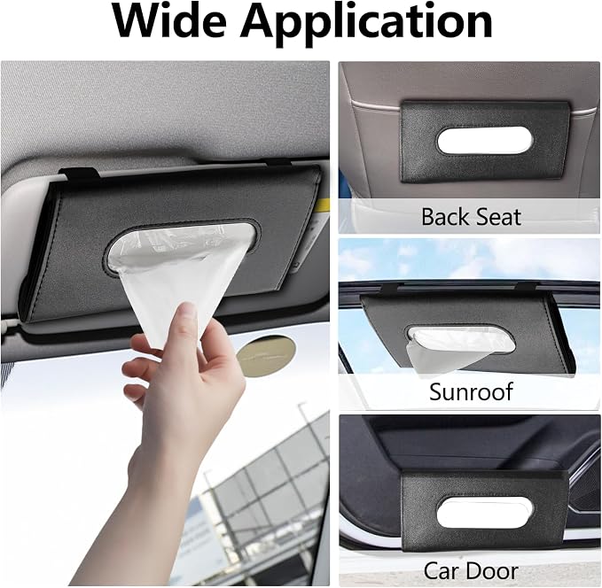 Wuyaoyao Car Tissue Holder, Auto Sun Visor Napkin Holder Mask Holder, Premium PU Leather Car Tissue Holder Visor Tissue Dispenser, Universal Sun Visor Tissue Box for Most Vehicle (Black)
