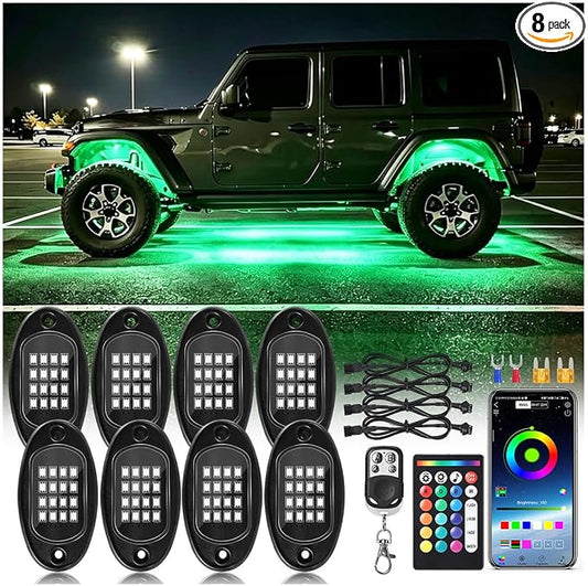 8Pods RGB LED Rock Lights Kit with APP/RF Remote Control Dual Zone Brake, Bright Underglow Multicolor Neon Underbody Light Waterproof 12V for Trucks Pickup Jeep Golf Cart SXS ATV Off Road Vehicles