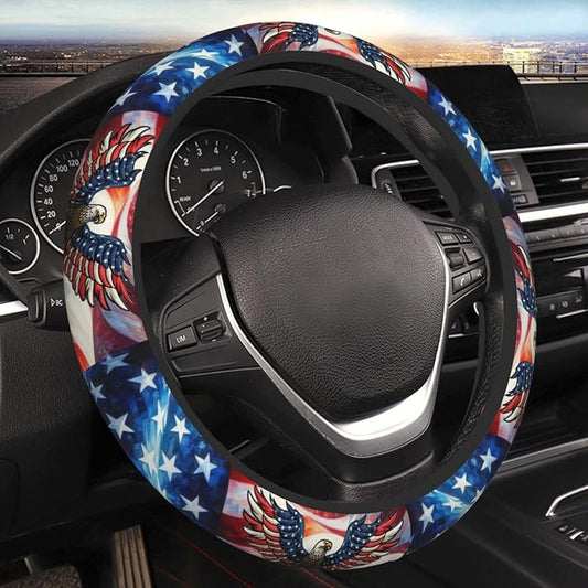 American Flag Neoprene Steering Wheel Cover Anti-Slip Elastic Eagle Pattern Steering Wheel Protector 15in Universal Car Accessories Fit Cars, SUVs, Auto