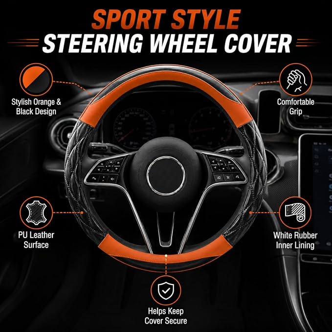 Couslcd 14.5-15 Inch Leather Steering Wheel Cover with Soft Padded Lining, Anti-Slip Comfort Grip, Universal Steering Wheel Protector for Most Cars, SUVs, Trucks (Orange)