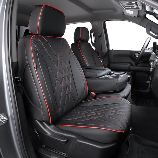 EKR Silverado Seat Covers Custom Fit for (Double Cab) 2014-2018 Chevrolet Silverado 1500 & HD 2500/3500 LT/LTZ/Custom,Leather Car Seat Cover Full Set,Faux Leather(Black with Red Trim)