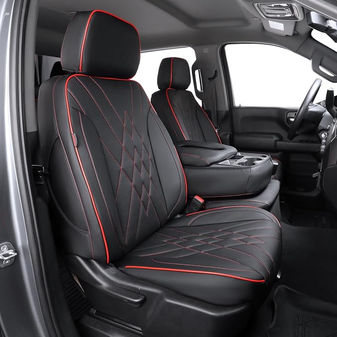 EKR Silverado Seat Covers Custom Fit for (Crew Cab) 2014 2015 2016 2017 2018 Chevrolet Silverado 1500 & HD 2500/3500 WT/LS/LT/LT/High Country/Custom,Faux Leather(Black with Red Trim)