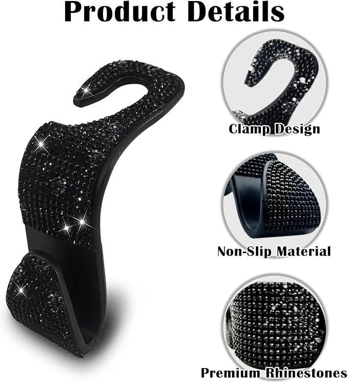 OSIFIT 2PCS Car Seat Hooks - Bling Rhinestone Headrest Hooks with Universal Design - Perfect for Holding Handbags, Clothes, Purses, and Water Bottles - Black