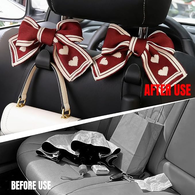 2PCS Car Seat Headrest Hooks, Car Purse Hook, Cute Bow Knot Vehicle Seatback Hanging Storage Organizer, Auto Seatback Decor Organizer Hanger for SUV Truck (Red/White)