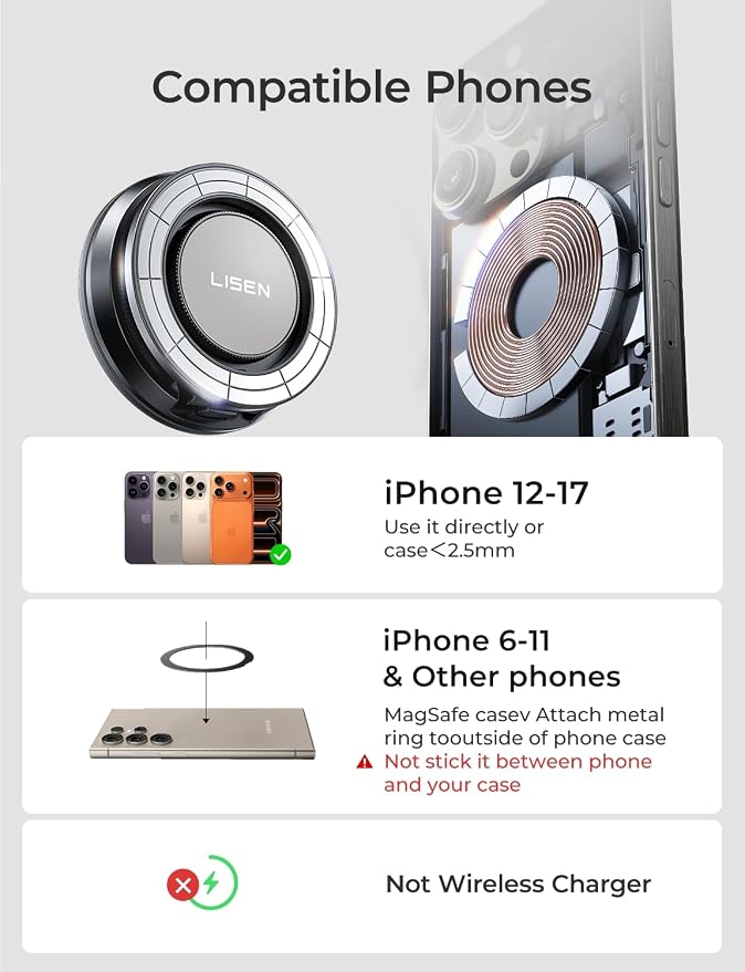 LISEN Suction Phone Mount for Vacuum, 360 Adjustable Vacuum Magnetic Phone Holder for Car [All Metal & Nano Gel Super Strong Suction] for Magsafe Mount for iPhone 17 Pro Max 16 15 14 13 12, Silver