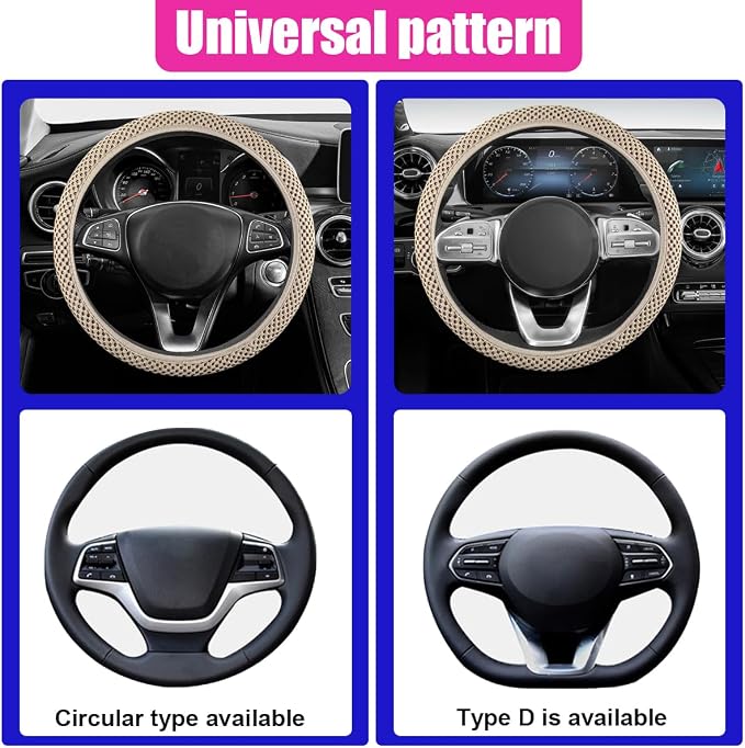 Elastic Stretch Steering Wheel Cover, Anti-Slip, 15inch, Beige | Microfiber Odorless Breathable Ice Silk Car Steering Wheel Protector, Easy Carry, Warm in Winter & Cool in Summer