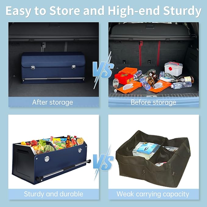 Car Trunk Organizer, Collapsible Car Storage Organizer with Lid and Push-pull Handle Leather Trunk Organizer for Suv, Truck, Minivan (Blue, 27.17 x 11.42 x 12.2in)