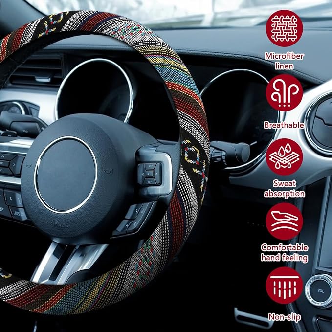 Boho Steering Wheel Cover, Ethnic Style Car Steering Wheel Cover Protector, Anti-Slip Flax Cloth Cover Universal Fits 14.5-15 Inch Steering Wheel, Interior Car Accessories(D Style)