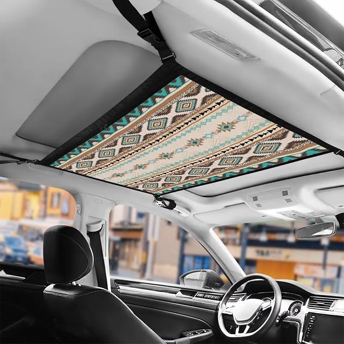 Dreaweet Aztec Print Car Ceiling Cargo Net for SUV Cargo Net Organizer Southwestern Native American Car Roof Storage Net for Truck Mini Van Car Camping Accessories Ceiling Storage Net with Zipper