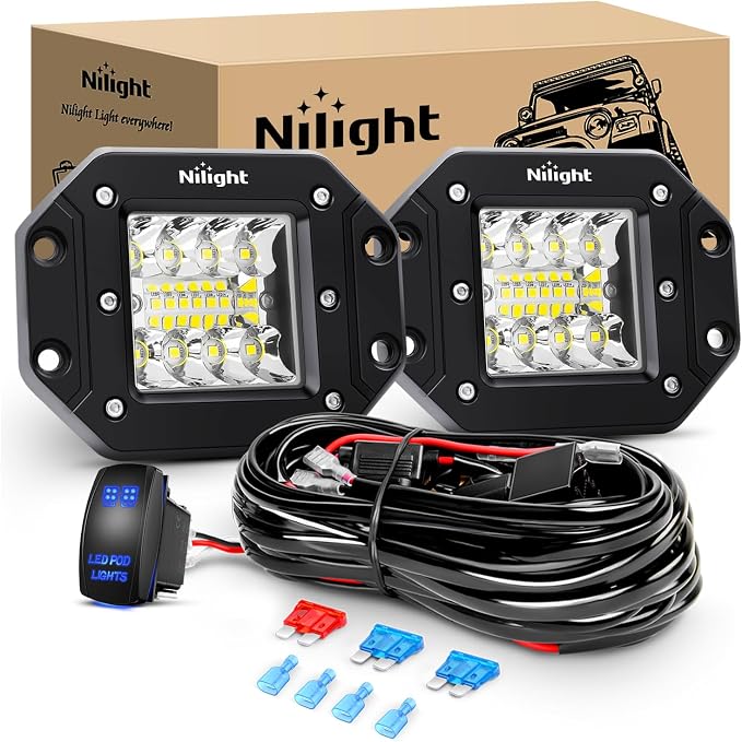 Nilight 2PCS 42W LED Flush Mount Light Pods Upgraded Spot Flood Combo Beam 12V 5Pin Rocker Switch Wiring Harness Kit-2 Leads, 2 Years Warranty (ZH044)