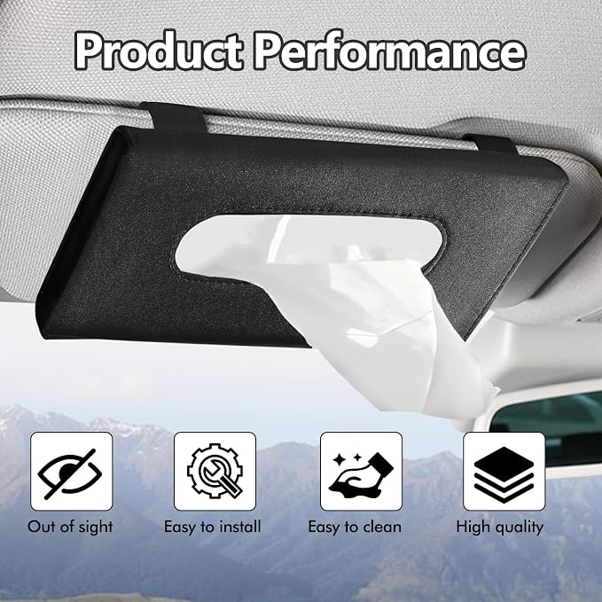 Wuyaoyao Car Tissue Holder, Auto Sun Visor Napkin Holder Mask Holder, Premium PU Leather Car Tissue Holder Visor Tissue Dispenser, Universal Sun Visor Tissue Box for Most Vehicle (Black)