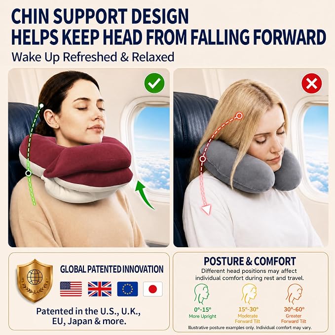 BUYUE Travel Neck Pillows for Airplanes, Memory Foam 360° Head Support Sleep for Long Flight, Skin-Friendly & Breathable, Kit with Eye Mask, Earplugs and Storage Bag (Adult, Red, 90+ lbs)