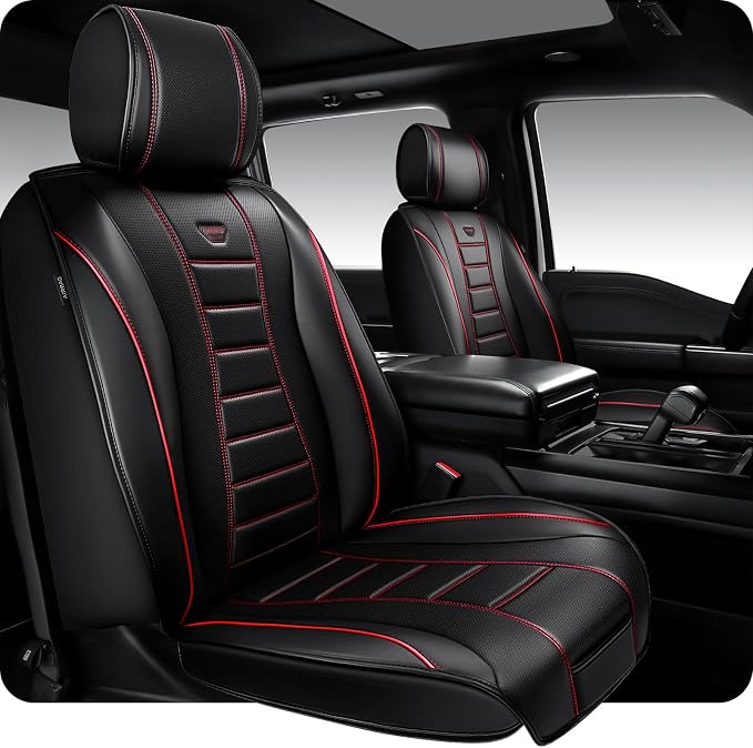 CAR PASS Nappa Leather Car Seat Covers Front Seats 3D Foam 2Pcs Black Red | Luxury Waterproof Universal FIT Piping Leather Car seat Cover Front Seats, 3D Foam Breath Perforated leather seat covers