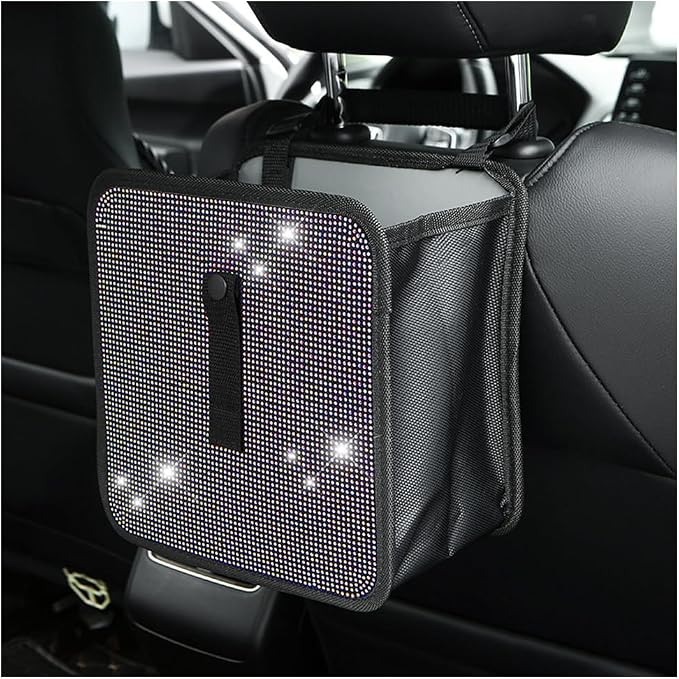 BELOMI Car Foldable Trash Can, Bling Rhinestone Crystal Auto Hanging Waterproof Leakproof Garbage Bin, Vehicle Waste Basket Dustbin, Multipurpose Car Organizer Accessories for SUV Truck (AB Color)