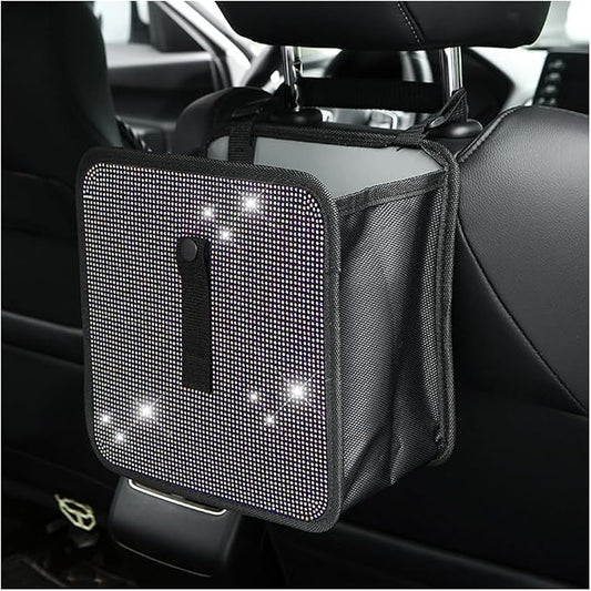 BELOMI Car Foldable Trash Can, Bling Rhinestone Crystal Auto Hanging Waterproof Leakproof Garbage Bin, Vehicle Waste Basket Dustbin, Multipurpose Car Organizer Accessories for SUV Truck (AB Color)