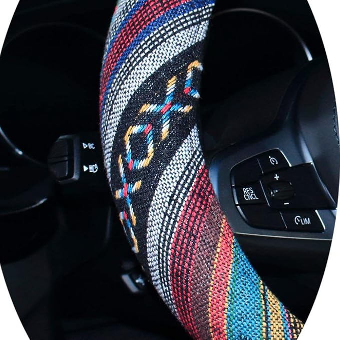 SHIAWASENA Car Steering Wheel Cover, Coarse Flax Cloth, Ethnic Style, Universal 15 Inch Fit, Anti-Slip Sweat-Absorbent (D#)