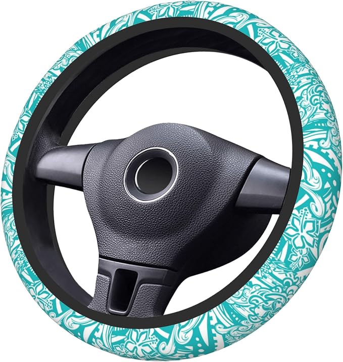 Hawaiian Teal Tribal Turtles Car Steering Wheel Cover for Women Men Stretch Cloth Anti-Slip Wrap Protector Case Fit Universal Auto Accessories Decor Sweat Absorption 14-15 Inch