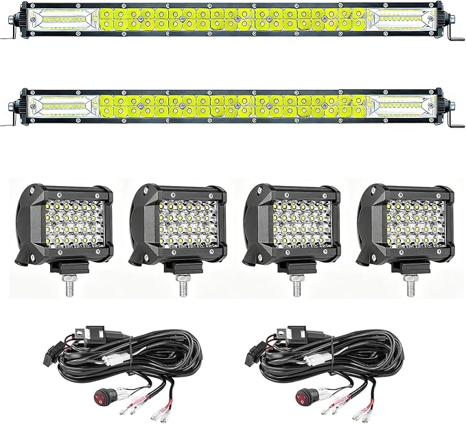 LED Lights Bars Kits (2) 20 Inch 180W (4) 4Inch 72W 12V 24V Truck Bumper Slim Work Off Road Driving Flood Spot Lights Pods 10000lumen 6500K for ATV Tractor Pickup Golf Cart RV with (2) Wiring Harness