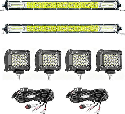 LED Lights Bars Kits (2) 20 Inch 180W (4) 4Inch 72W 12V 24V Truck Bumper Slim Work Off Road Driving Flood Spot Lights Pods 10000lumen 6500K for ATV Tractor Pickup Golf Cart RV with (2) Wiring Harness