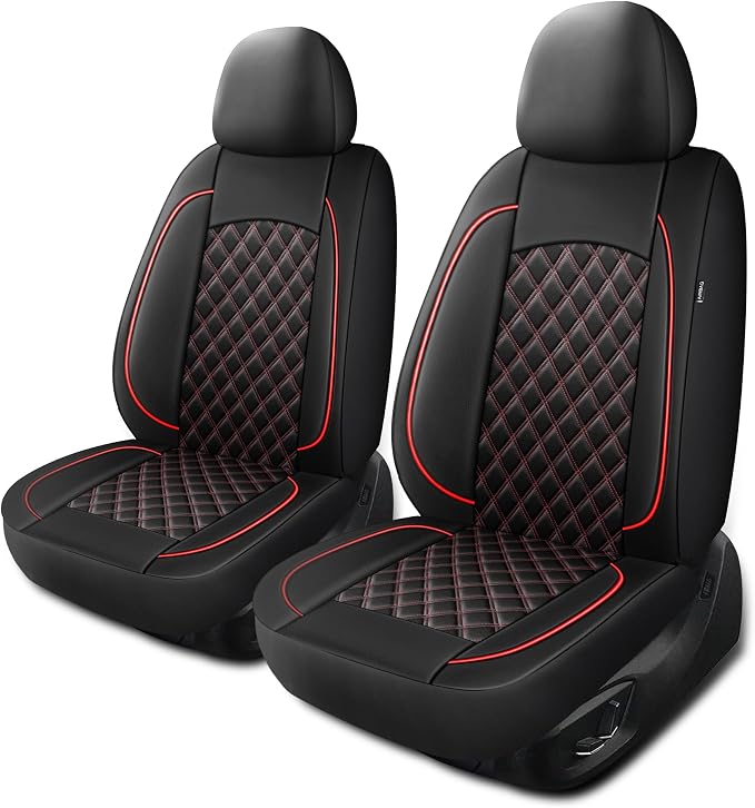 HChengkikz Front Car Seat Cover, Waterproof Nappa Leather (Black + Red) | Breathable, Airbag compatible, Easy to Install, Universal Fit for Most Cars, Sedans, SUVs, Vans, Trucks