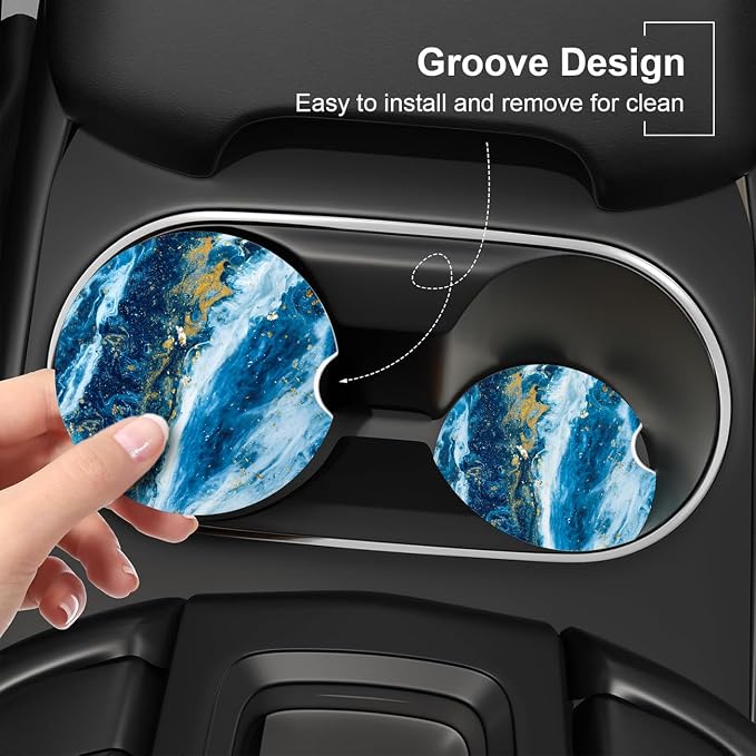 Ceramic Car Coasters – Absorbent Car Cup Holder Coaster Set for Women, Cute Aesthetic Car Accessories for Girls, 2 Pack (Sapphire Night)